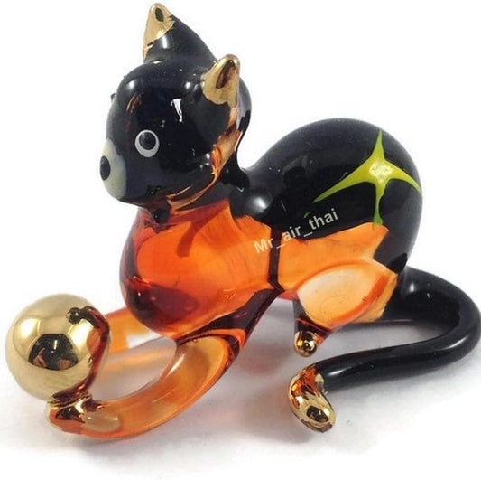 Tiny 2¼" Black Brown Crouching Play Ball Cat Figurine Miniature Hand Blown Painted Glass Cats Kitten Feline Animals Cute Crystal Decorative Collectible Figurines Décor Gifts