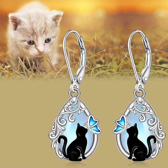 Cat Earrings Moonstone Black Cat Earrings for Women Sterling Silver Cute Filigree Cats Butterfly Dangle Drop Earring Jewelry Leverback Halloween Christmas Gifts