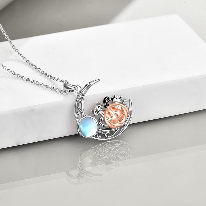 CRMAD Black Cat Necklace for Women Sterling Silver Moonstone Cat Jewelry Irish Gifts