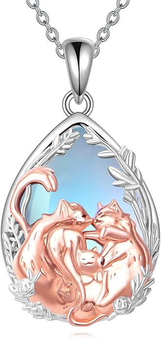 Cat Necklace Sterling Silver Cat Pendnat with Rose Quartz Pearl Jewelry Gifts for Women Cat Lovers