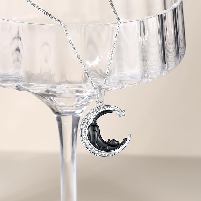 Odinstone Cat Necklace, S925 Sterling Silver Cat on Moon Pendant with Cubic Zirconia, Cat Jewelry Mothers Day Gifts for Mum with Gift Package - I Love You Forever
