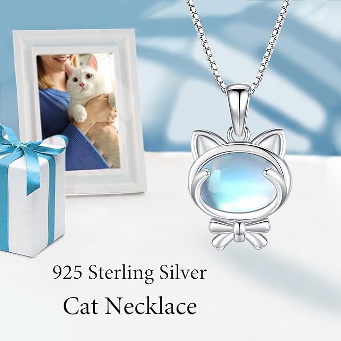 Odinstone Cat Necklace, S925 Sterling Silver Cat on Moon Pendant with Cubic Zirconia, Cat Jewelry Mothers Day Gifts for Mum with Gift Package - I Love You Forever