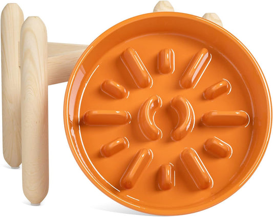 LE TAUCI Ceramic Slow Feeder Puzzle Bowl Elevated 3 Cup with Wooden Stand for Medium Large Dog, Fast Eater Slow Eating Food Bowl, Sun Orange