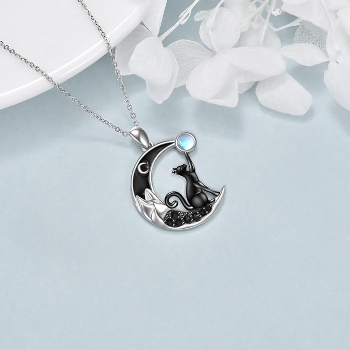 CRMAD Black Cat Necklace for Women Sterling Silver Moonstone Cat Jewelry Irish Gifts