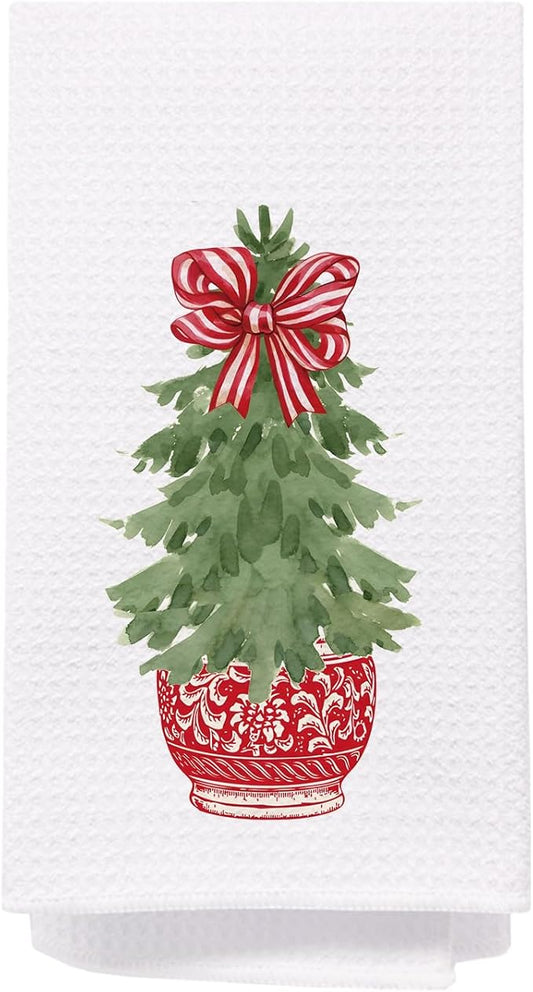Chinoiserie Christmas Tree Kitchen Towels, Red Stripe Bow Decorative Hand Towels for Bathroom, Dish Towels for Kitchen and Bathroom Decor, 16x24 Inch