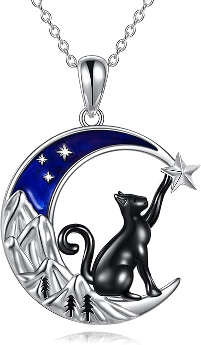 925 Sterling Silver Moon Black Cat Necklace for Women - Tree of Life Jewelry with Abalone Stone - Cat Lover Birthday Gift
