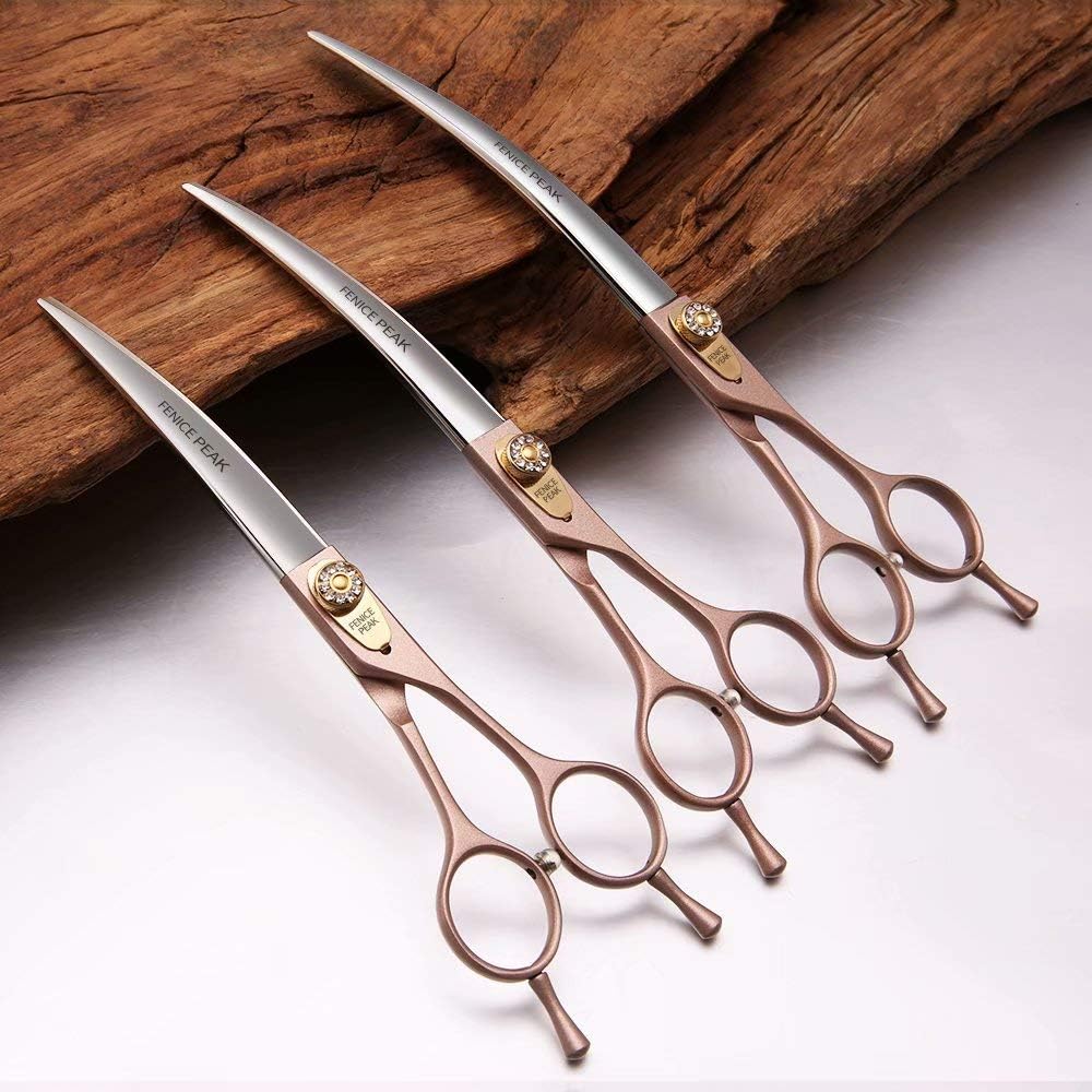 Fenice Peak Professional Curved Dog Grooming Scissors 8'' Rose Gold 440C Stainless Steel Pet Cutting Shears Safety Trimming Shearing for Dogs Cats