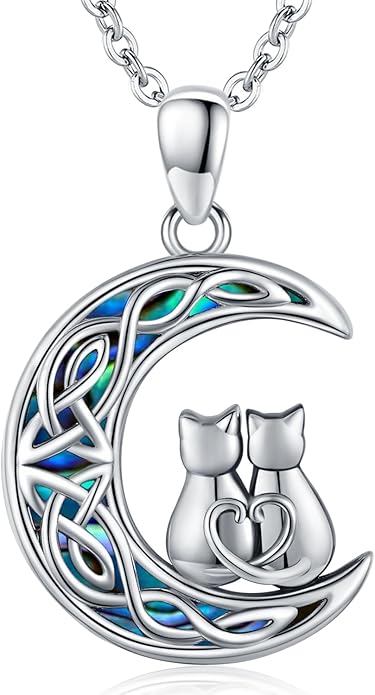 Odinstone Cat Necklace, S925 Sterling Silver Cat on Moon Pendant with Cubic Zirconia, Cat Jewelry Mothers Day Gifts for Mum with Gift Package - I Love You Forever