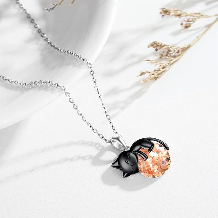 Cat Necklace Sterling Silver Cat Pendnat with Rose Quartz Pearl Jewelry Gifts for Women Cat Lovers