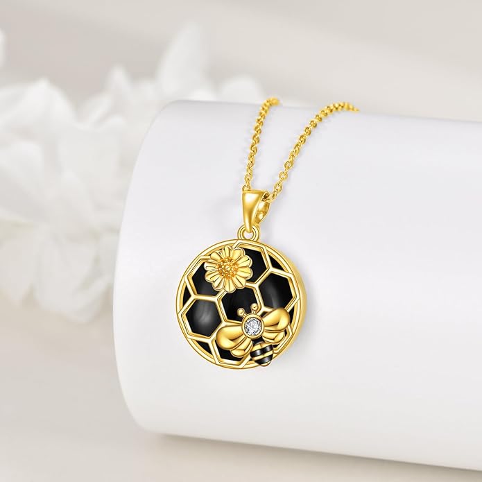 LUHE Bee Necklace 925 Sterling Silver Honeycomb Cute Flower Pendant Necklaces for Women Gifts for Her Women