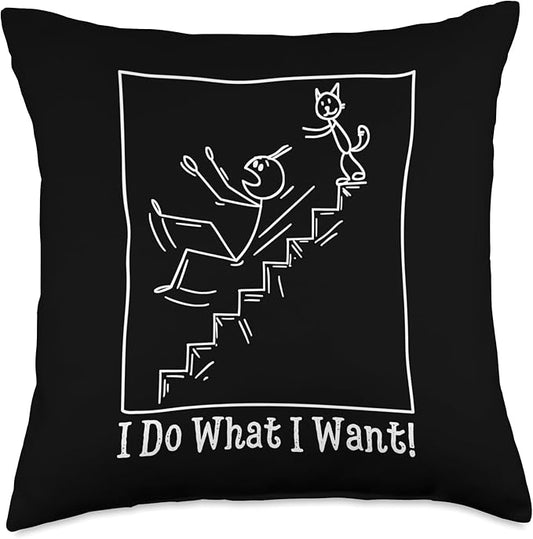 Funny Meme I do What I Want Cat Pushes Man Stick Figure Throw Pillow, 18x18, Multicolor