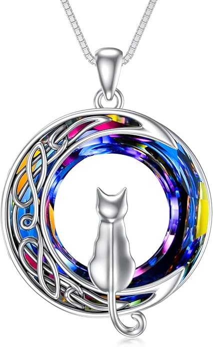 TOUPOP Cat Gifts for Cat Lovers 1 2 3 Cats Necklace Sterling Silver Cat on the Moon Pendant Necklace with Blue Circle Crystal Birthday Christmas Celtic Jewelry Gifts for Women