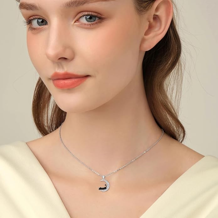 Diamond Black Cat Necklace for Women 925 Sterling Silver Cat on Moon Necklace Pendant Black Cat Jewelry Gifts for Women Mom Wife Girlfriend Daughter Girls