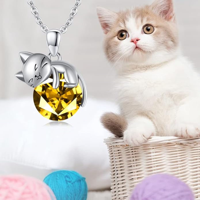 LONAGO Cat Necklace with Birthstone 925 Sterling Silver Cat Pendant Necklace Gift for Women
