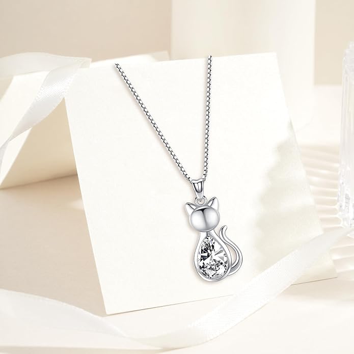 Odinstone Cat Birthstone Necklaces Jewelry Sterling Silver Cat Pendant Necklace Gift for Women Gifts, 18'' Silver Box Chain Women's Birthstone Crystal Cat Jewelry Gifts