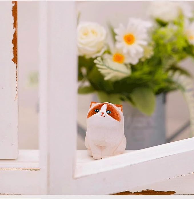 Cute Wooden Ragdoll Cat Figurine, Hand Carved Statue Crafts, Creative Home Decor, Unique Figure Collectibles Gift for Cat Lovers