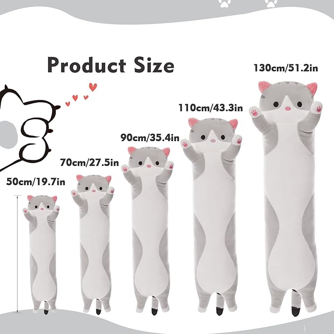 Long Cat Plush Pillow, 19.6in Cute Cat Plushie Stuffed Animals Body Pillow, Grey Kawaii Kitten Soft Plushie Doll Toy Birthday Gift for Kids Girlfriend