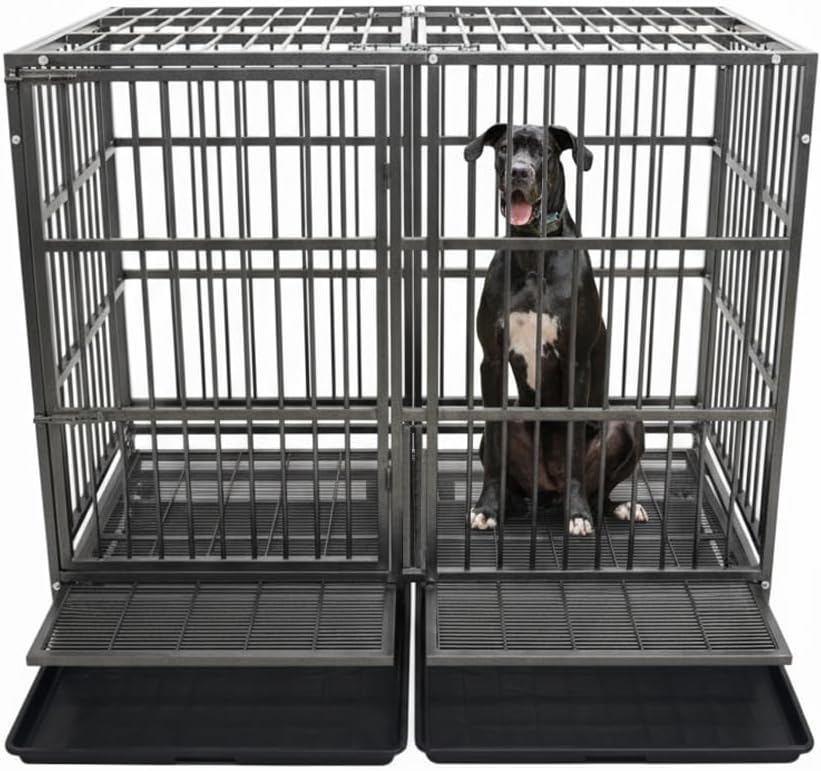 54/48/42/38 Inch Heavy Duty Dog Crate Cage with Wheels, Indestructible and Escape Proof Steel Kennel Indoor for High Anxiety Dogs with Sturdy Locks, Double Door and Tray, Extra Large XL XXL