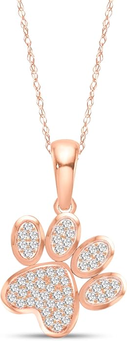 Diamond2Deal 10K Solid Gold Diamond Dog Paw Print Pendant Rope Chain Necklace 18inch (1/8Ct/ I2,H-I)