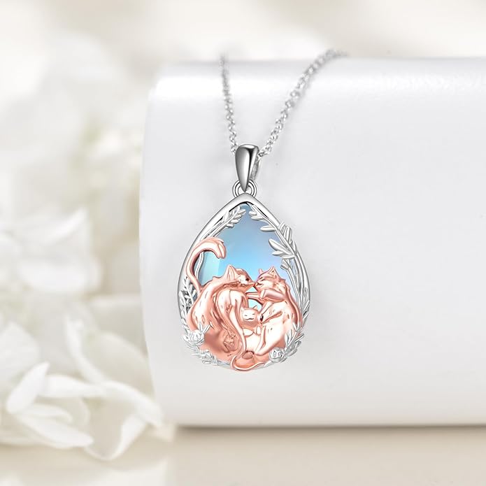 Cat Necklace Sterling Silver Cat Pendnat with Rose Quartz Pearl Jewelry Gifts for Women Cat Lovers