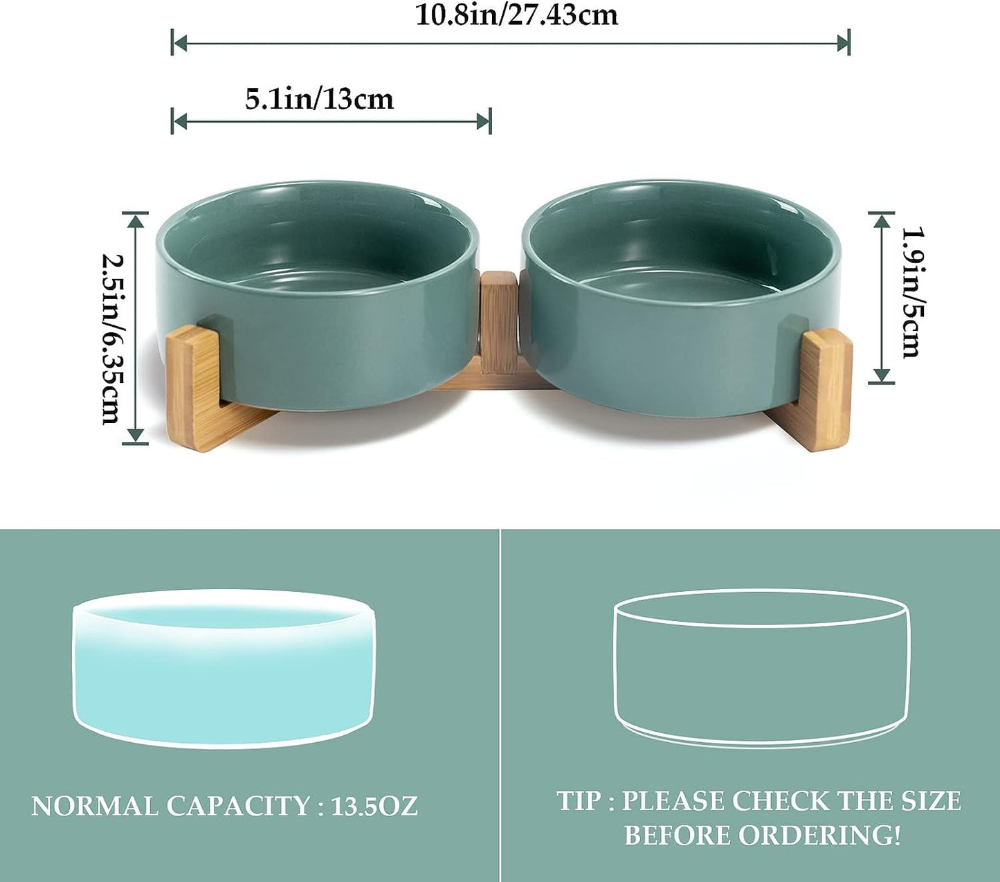 SPUNKYJUNKY Ceramic Dog and Cat Bowl Set with Wooden Stand, Modern Cute Weighted Food Water Set for Small Size Dogs (13.5OZ) & Medium Sized Dogs (28.7OZ) & Cats (1.7 Cups, 2 × Morandi Green)