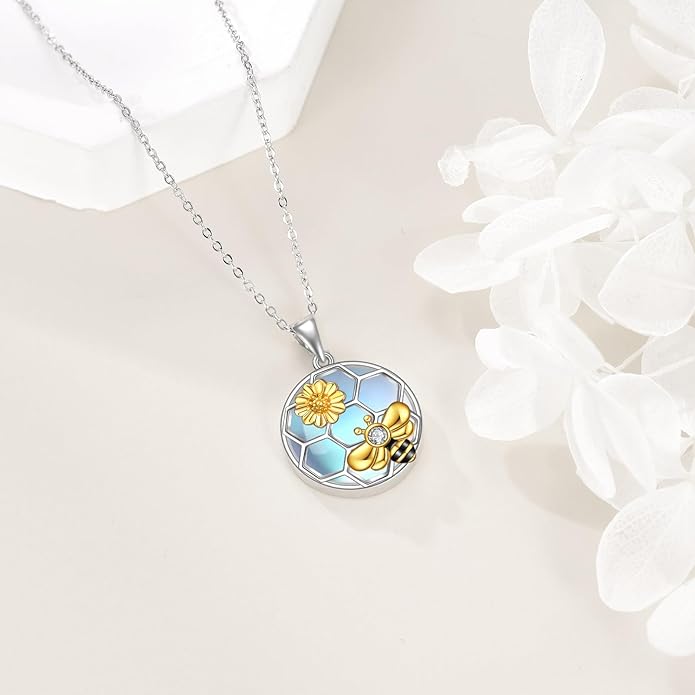 LUHE Bee Necklace 925 Sterling Silver Honeycomb Cute Flower Pendant Necklaces for Women Gifts for Her Women
