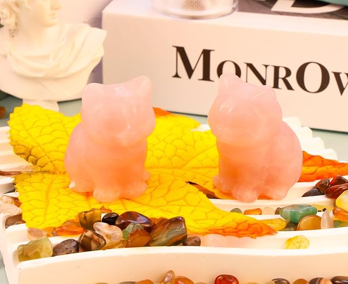DUQGUHO Rose Quartz Cat Crystal Figurines - Lucky Cute Cat Statue for Room Desk Pink Decor Gifts 1PC
