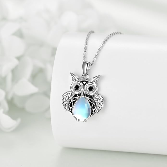 KQF Cat/Dragonfly/Owl/Angel Wings Necklace for Women Sterling Silver Moonstone Pendant Necklaces Animal Jewelry Mother'S Day Gifts for Cat Lover Teen