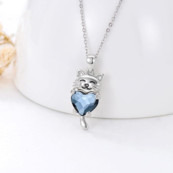JUSTKIDSTOY Sterling Silver Cute Animal Pendant Necklace with Crystal Cat Pendant - Women's Cat Lovers Jewelry Gift