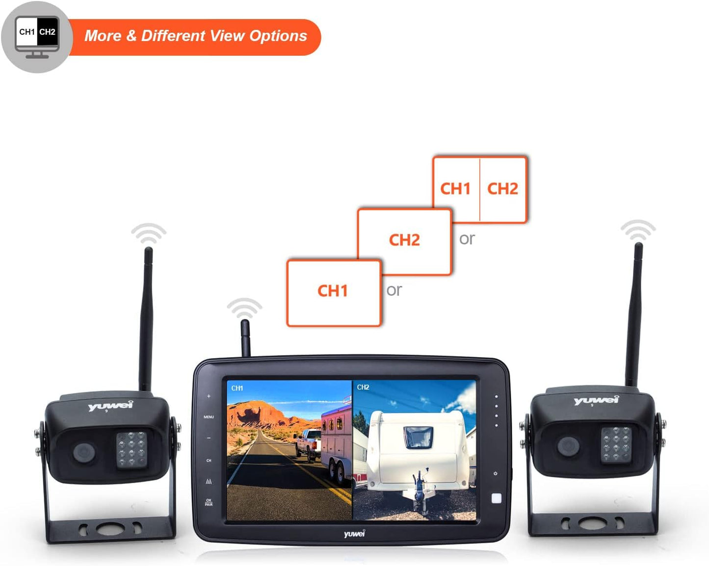 Wireless Backup Camera System with 7 inch Splitscreen, Waterproof Wireless Rear View Camera with Night Vision, Support add 2nd Wireless Reversing Camera for Trailer, RV, Trucks, Horse-Trailer, etc