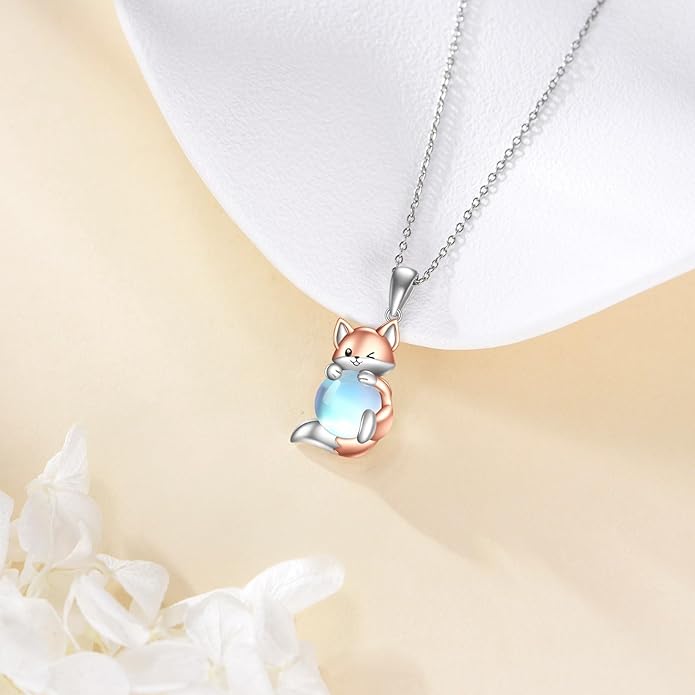 LUHE Axolotl/Cat/Fox Necklace for Women Sterling Silver Axolotl/Cat/Fox Jewelry Moonstone Pendant Necklace Gifts for Women