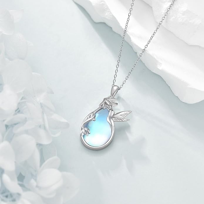 CRMAD Daisy/Black Cat/Dragonfly/Daffodil/Hummingbird/Stingray/Phoenix Feather/Rose Necklace Sterling Silver Moonstone Teardrop Pendant Necklace Flower Animal Jewelry Gifts for Women