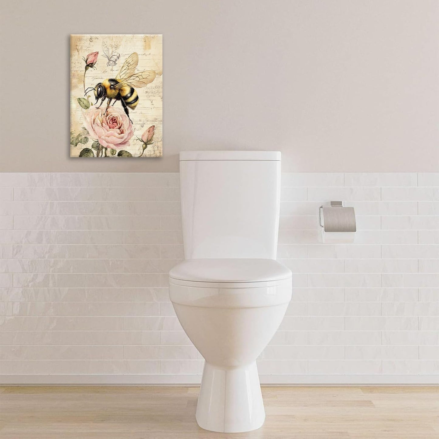 Rustic Bee Bathroom Pictures Wall Art, Vintage Floral Bathroom Wall Decor, Pink Rose Flower Framed Painting Canvas Artwork for Bedroom Living Room Decorations 16"L x 12"W