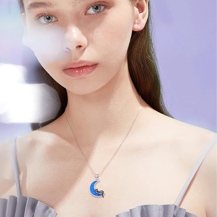 LONAGO Black Cat Moon Necklace with Created Blue Opal Sterling Silver Black Cat Necklaces Gift for Women