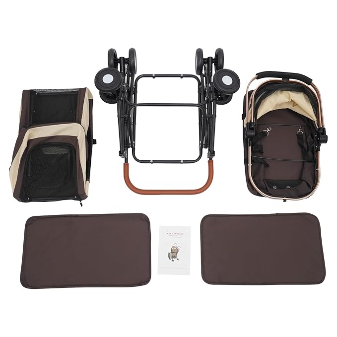 Foldable Pet Stroller for Small & Medium Dogs, Double Dog & Cat Stroller with 3-in-1 Travel System, Detachable Pet Carrier with Wheels for Cats and Dogs up to 77 lbs, Coffee Color
