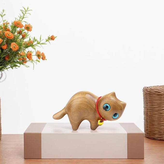 Cat Wooden Figurine, Decoration Handmade Cat Art Carved Small pet Garden Statue, Lovely Gift Home Decor Suitable for Bedroom, Desktop, Desk, Living Room, Bookshelf, Holiday Decoration