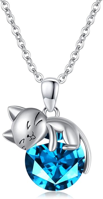 LONAGO Cat Necklace with Birthstone 925 Sterling Silver Cat Pendant Necklace Gift for Women