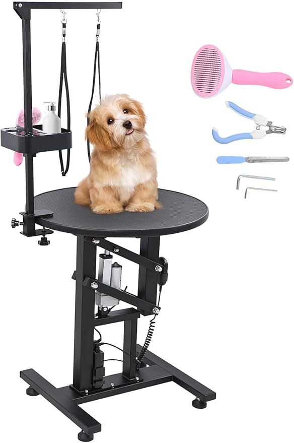 Electric Hydraulic Lift Pet Dog Grooming Table, 24Inch 360° Rotating Grooming Desktop for Small Dogs, with Overhead Arm, Wireless Remote, Tool Organizer, Black
