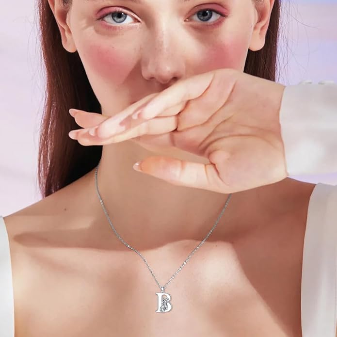 LONAGO Cat Initial Pendant Necklace Silver A to Z Letters Alphabet Necklace Gift for Women