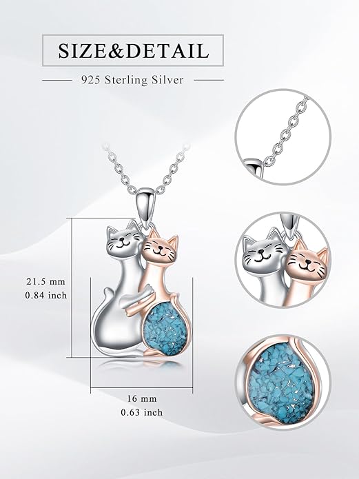 Couple Hug Necklace 925 Sterling Silver Cat/Fox Couples Hugging Turquoise Necklace Couples Jewelry as Valentine's Day Gift for Women
