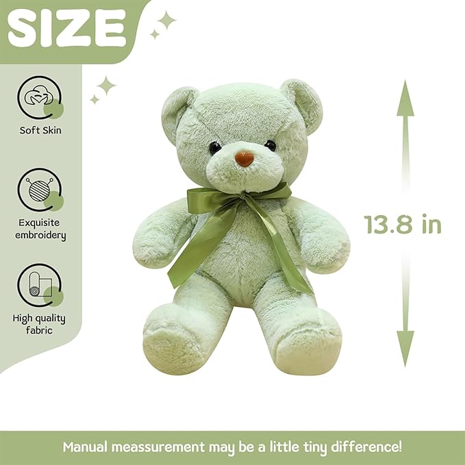Green Teddy Bear Stuffed Animal 13.4” Soft Small Stuffed Teddy Bear Plush Toy Cute Cuddly Bear Plush for Kids Girls Birthday Mother's Day Graduation Wedding Party