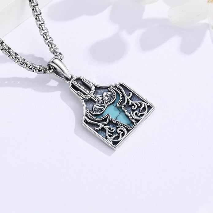 Midir&Etain Western Necklace 925 Sterling Silver Turquoise Pendant Cow Skull/Hat/Tag/Cactus Cowgirl Country Jewelry for Women Men