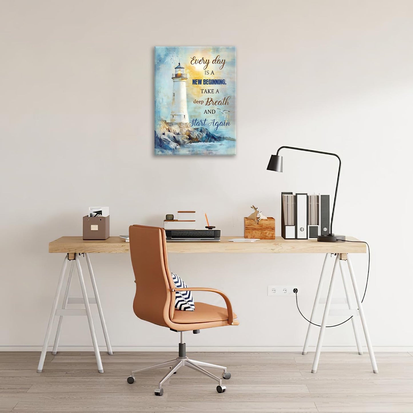 Ocean Lighthouse Pictures Wall Art, Coastal Nautical Bathroom Wall Decor Every Day is a New Beginning Motivational Quote Framed Painting Canvas Artwork for Bedroom Living Room Decorations 20"L x 16"W