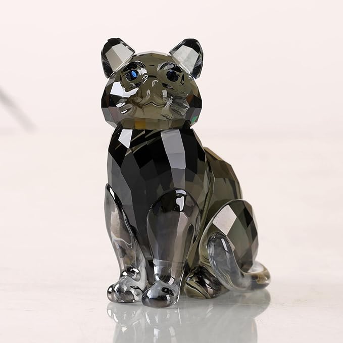Crystal Cat Realistic Animal Kitten Art Figurine Collection Table top Ornament Statue Home Decor (Black)
