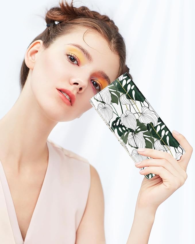 Nipichsha Womens Wallet, RFID Slim Wallets for Women, Thin Ladies Credit Card Holder Purse, Cute Leather Bifold Clutch Billfold with 11 Card Slots & ID Window, Monstera Deliciosa
