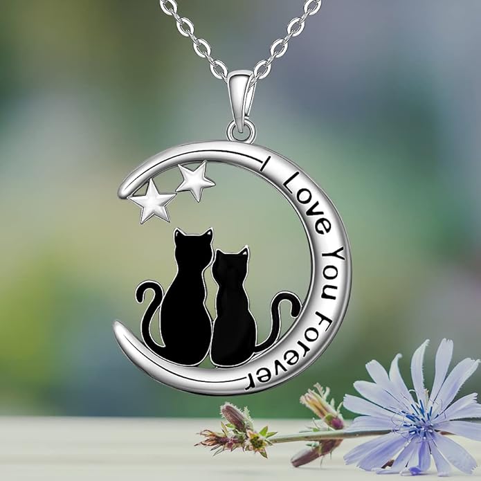 Fenthring Black Cat Necklace Sterling Silver Crescent Moon Pendant Cute Cat Couples Friendship Animal I Love You Forever Necklaces for Women Cats Halloween Christmas Holiday Jewelry