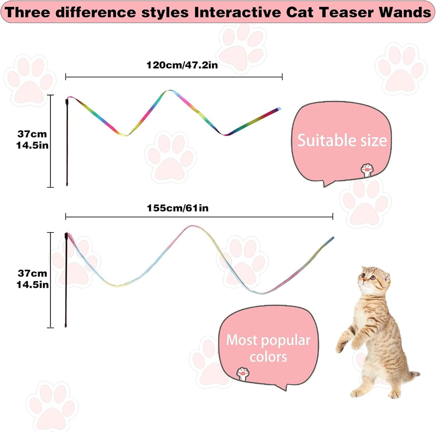 Cat Wand Toys Interactive Kitten Toys for Indoor Cats Colorful Teaser Wand String for Exercise Kitten Stick Kitty Rope Toy Rainbow Ribbon Cat Charmer -2Pcs