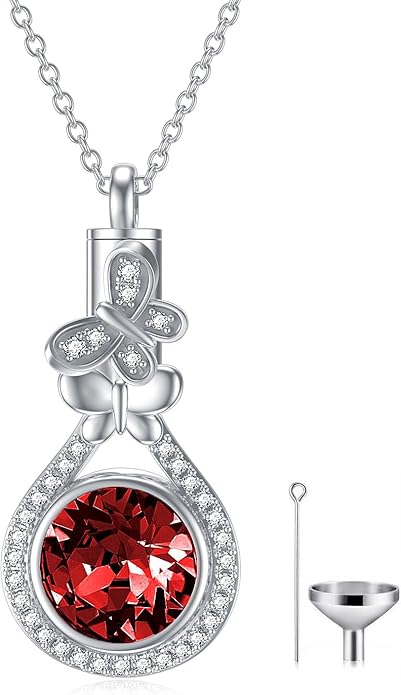 AOBOCO Butterfly Urn Necklace for Ashes 925 Sterling Silver Butterfly Cremation Jewelry Memorial Keepsake Pendant with 12 Months Birthstone Crystal from Austria