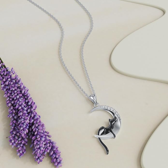 Diamond Black Cat/Red Panda/Sloth/Deer/Unicorn Necklace for Women 925 Sterling Silver Sleeping Animal and Moon Pendant with Lab Grown Diamonds Jewelry Gifts