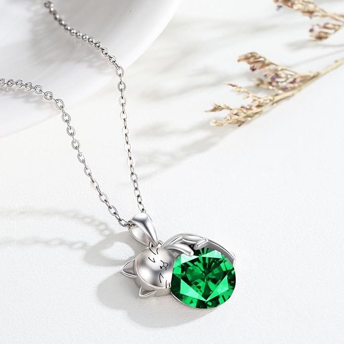 LONAGO Cat Necklace with Birthstone 925 Sterling Silver Cat Pendant Necklace Gift for Women